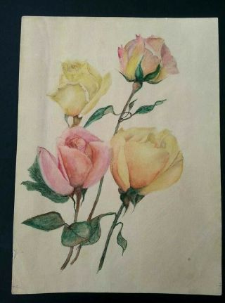 Vintage Fine Art Artist Signed Watercolor On Paper 1965 Roses