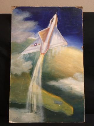 Vintage Oil On Board Painting Of Usaf Jet Signed By Pat V.  Hutto