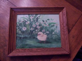 Vintage Oil Painting A Chick In Flower Garden Painting 8 X 10” By T.  Chaplin