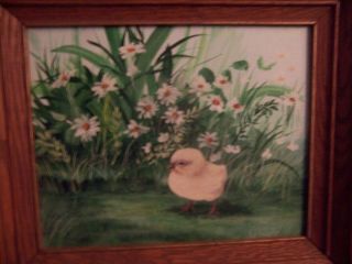 vintage oil painting a CHICK in flower garden PAINTING 8 X 10” by T.  Chaplin 3