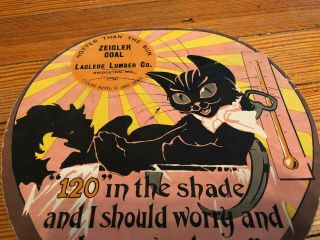 Vtg 1920s Halloween Black Cat Advertising Hand Fan Zeigler Coal St Louis Mo