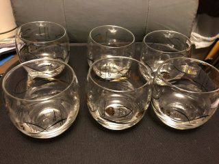 Vintage Set 6 Cocktail Glasses Mid Century,  Gold& Black Fish And Fish Hooks