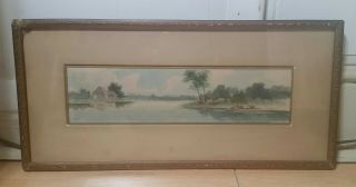 Antique Signed Watercolor In Frame Cottage By A Lake