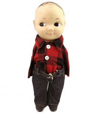 Vtg Buddy Lee Doll Jeans Dungarees No Arms Plaid Cowboy Shirt Advertising 1950s