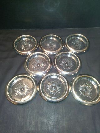 Set Of 8 Leonard Silver Plated Rimmed Glass Sunburst Coasters Vintage Italy