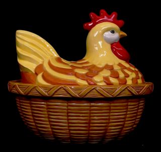 Hen On Nest Vintage Hand Crafted Ceramic Chicken Basket Yellow Red Brown Euc