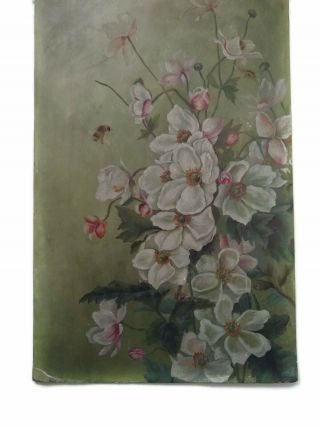 Antique French (?) Oil On Board Painting Floral Still Life Flowers Bee