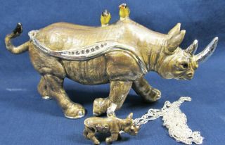 Rhinoceros Jeweled Pewter Trinket Box W/necklace Wildlfie