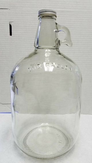 Vintage Clear Glass One Gallon Jug Finger Loop Water Wine Metal Lid
