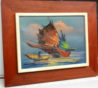 Dramatic Signed W S Chiang Mid - Century Mod Framed Oil Painting On Canvas