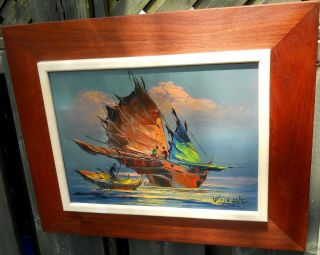 DRAMATIC SIGNED W S CHIANG MID - CENTURY MOD FRAMED OIL PAINTING ON CANVAS 2