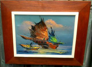 DRAMATIC SIGNED W S CHIANG MID - CENTURY MOD FRAMED OIL PAINTING ON CANVAS 3