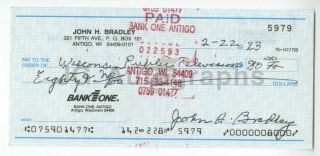 John Bradley - Wwii Iwo Jima Flag - Raising Marine - Autographed Check