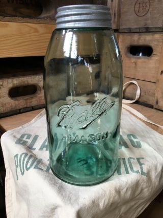 Early Vintage Blue Green Ball Mason Canning Fruit Jar Half - Gallon Triple L 3 L