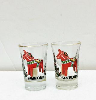 Sweden Dala Horse Shot Glasses Set Of 2 Gold Rims Collectible Glassware Barware
