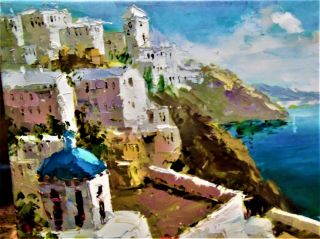 Stunning View Of Santorini,  Greece,  Vintage,  Oil On Canvas