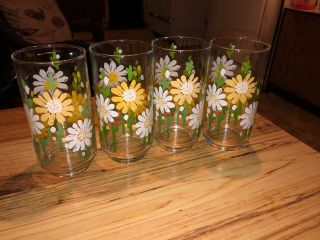 Set Of 4 Yellow & White Daisies Glass Drinking Glasses,  Vintage,  Euc,  16 Oz Size