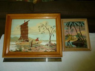 Pair Framed Vintage Pbn Framed Paint By Number Scenes Chinese Junk Tropical Isle
