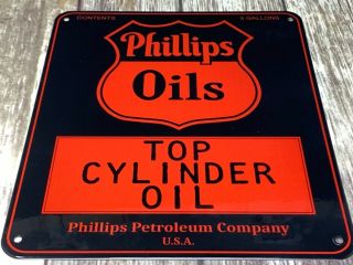 Vintage Phillips Oils Porcelain Sign 12 " X 10 " Gas Top Cylinder Oil Pump Plate