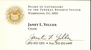 Janet Yellen Chair Federal Reserve Signed Business Card Authentic Autograph 2