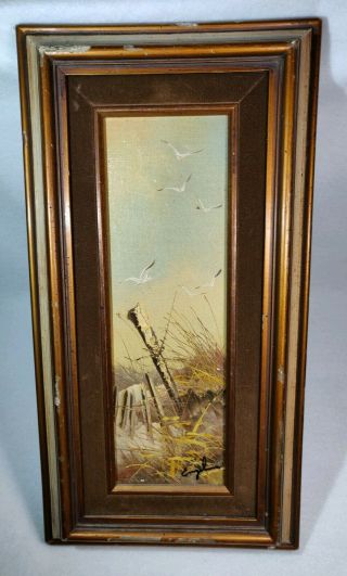 Signed Engel Oil Painting Flying Seagulls Landscape On Canvas On Wood