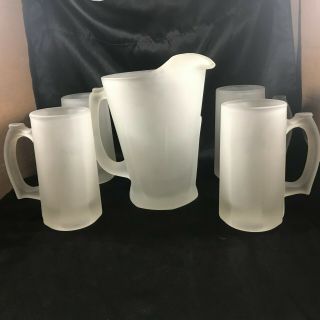 5 Piece Set Of Frosted Glass Barware Pitcher And 4 Mugs