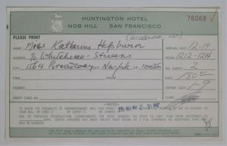 Katharine Hepburn On Huntington Hotel,  Nob Hill San Francisco Registration Card