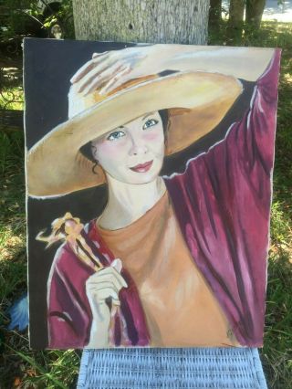 Vintage Woman In Hat Oil On Canvas Painting Signed Alluring 16 By 20