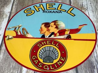 Vintage Shell Roxana Gasoline W/ Car 11 3/4 " Porcelain Metal Gas & Oil Sign