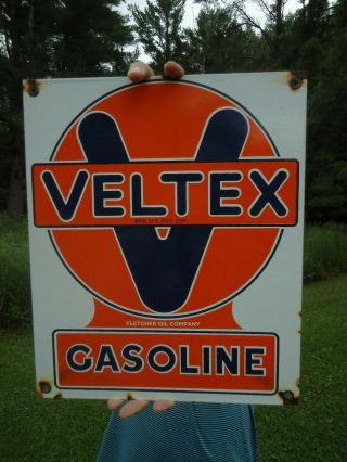 Rare Old Veltex Gasoline Porcelain Gas Pump Sign Fletcher Oil Co.