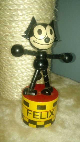 Vintage Felix The Cat Wood Figurine Push Up Toy Gift Ftcp Inc 4.  5 " Tall
