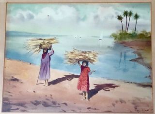 Mariano Ortuzar Watercolor,  Bedouin Girls By The Sea Of Galilee