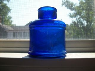 Cobalt Blue Semi Barrel Shaped Mold Blown Ink Bottle 3 Inches 1890s