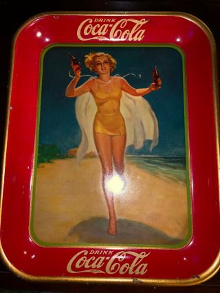 Vintage 1937 Coca Cola Advertising Tip Tray Girl Running On Beach