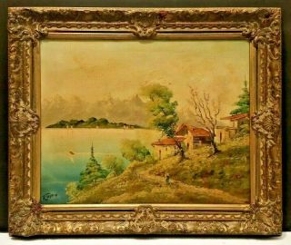 Antique Shoreline Painting Landscape W/ Lake Sd R Tayerne O/c Framed