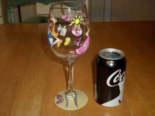 GIRLS IN BIKINI ' S AT THE BEACH,  CLEAR COLORED - HAND PAINTED WINE GLASS,  VINTAGE 3