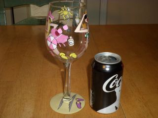 GIRLS IN BIKINI ' S AT THE BEACH,  CLEAR COLORED - HAND PAINTED WINE GLASS,  VINTAGE 4
