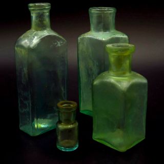 Antique Glass Bottle Set Of 4 Aqua Early To Mid 1800s Pontil Bottom Medicine