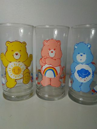 Set Of 3 Vintage Care Bear Glass 1983 Pizza Hut Collectors Series