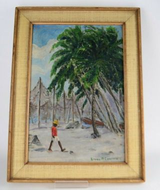 Vintage Oil Painting Black Boy Tropical Beach Palms Fishing Nets Ethel M Cormack