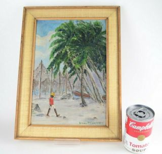 Vintage Oil Painting Black Boy Tropical Beach Palms Fishing Nets Ethel M Cormack 2