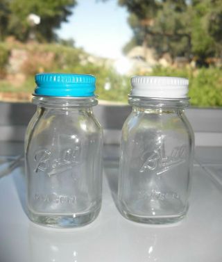 Nos Vtg Ball Canning Jar Salt & Pepper Shakers White Turquoise Lids Mason Jars