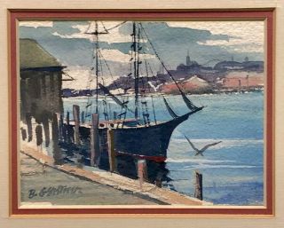 Gloucester Harbor Vintage Miniature Watercolor Painting By Bernard Gerstner