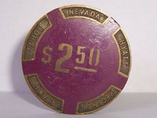 Hyatt Regency Casino Chips Brass Purple $2.  50 Poker Heavy Chip Lake Tahoe