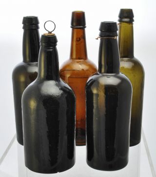 5 Antique Black Glass Blown 19th Century Wine / Liquor Bottles