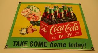 Vintage Coca - Cola Heavy Porcelain Sign - Sprite Boy -