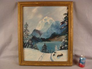 Antique Winter Lake Landscape O/c Painting Signed Leonard Gilt Frame