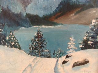 Antique Winter Lake Landscape O/C Painting signed Leonard Gilt Frame 3