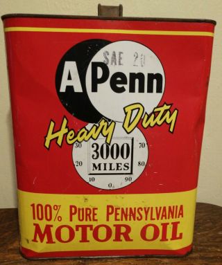 Vintage A Penn Heavy Duty 3000 Miles Pennsylvania 2 Gallon Oil Can
