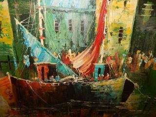 Vtg Impressionism Seascape,  Dockside Oil On Canvas,  Framed,  Signed